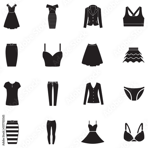 Clothing and Dress Icons. Black Flat Design. Vector Illustration.
