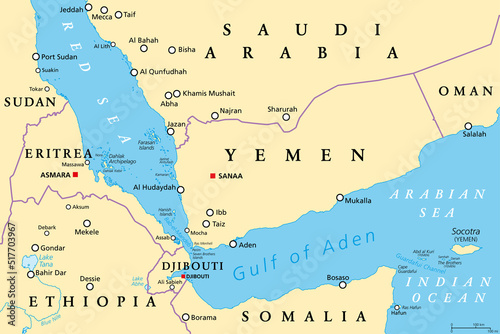 Gulf of Aden area, political map. Deepwater gulf between Yemen, Djibouti, the Guardafui Channel, Socotra and Somalia, connecting the Arabian Sea through the Bab-el-Mandeb strait with the Red Sea. photo