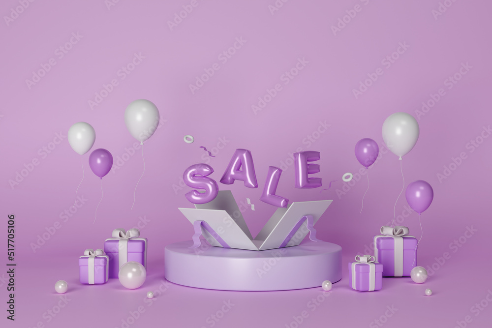 Sale promo banner template withPurple gift with abstract elements and flying packages, present boxes and large sale word phrase balloons. 3d rendering illustration.