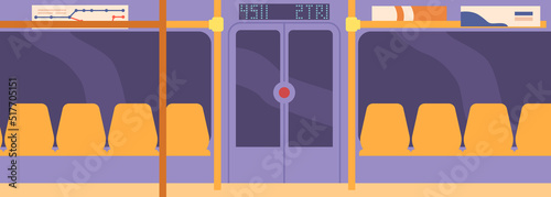 Metro Interior, Empty Subway Train with Door, Seats and Windows, Underground Interior Design. Metropolitan, Railroad