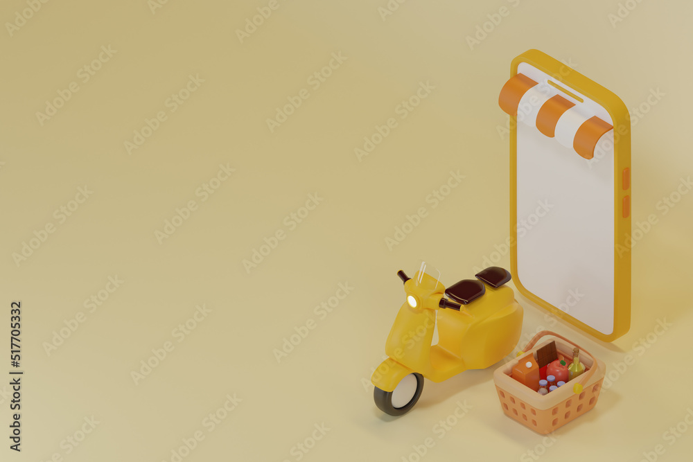 Shopping cart full of healthy food on pink background. Grocery and food store concept. delivery and smarthphone. 3d rendering illustration. Shopping cart full of healthy food on pink background. Grocery and food store concept. delivery and smarthphone. 3d rendering illustration.
