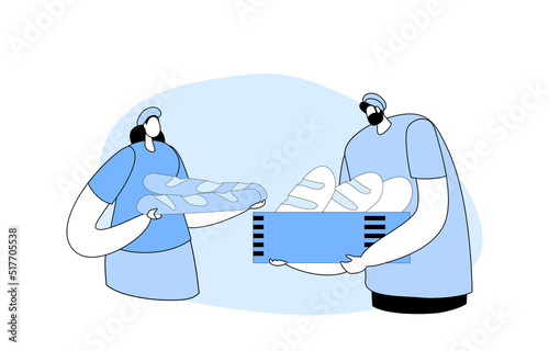 Bakery Industry, Pastry and Baked Food Production and Manufacture. Bakers in Uniform and Hat Holding Tray with Hot Bread