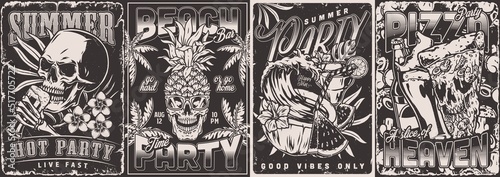 Summer party set posters monochrome