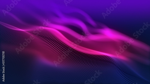 Particles wave Cyber or technology background. Abstract seamless loop of mesh glowing red dots digital luxurious sparkling wave particles flows background, Motion of digital data flow.
