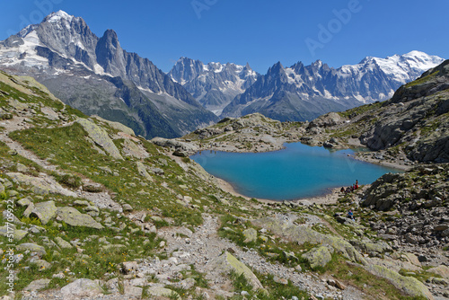 Summer landscape on the Mont-Blanc mountain from the shore of the Lac Blanc.