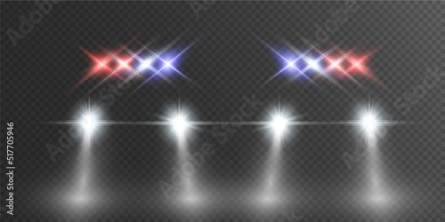 Realistic white glow round beams of car headlights, isolated on transparent background. Police car. Light from headlights. Police patrol.	