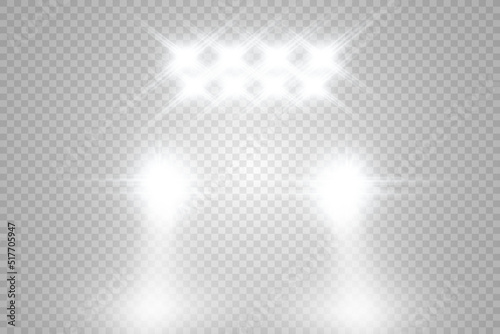Realistic white glow round beams of car headlights, isolated on transparent background. Police car. Light from headlights. Police patrol.	