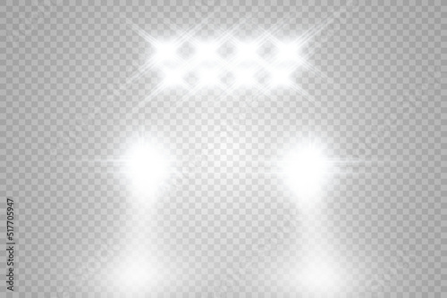 Realistic white glow round beams of car headlights, isolated on transparent background. Police car. Light from headlights. Police patrol. 