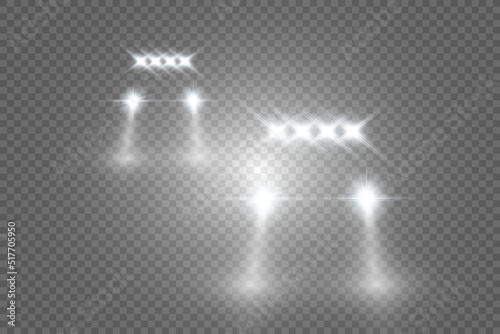 Realistic white glow round beams of car headlights, isolated on transparent background. Police car. Light from headlights. Police patrol.	