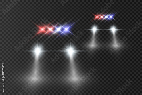 Realistic white glow round beams of car headlights, isolated on transparent background. Police car. Light from headlights. Police patrol.	