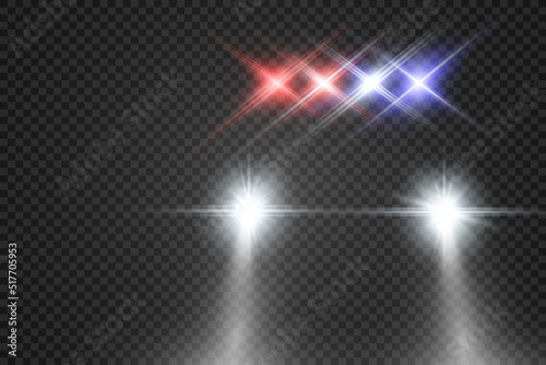 Realistic white glow round beams of car headlights, isolated on transparent background. Police car. Light from headlights. Police patrol.	