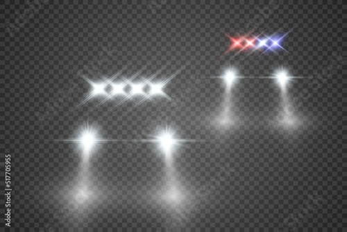 Realistic white glow round beams of car headlights, isolated on transparent background. Police car. Light from headlights. Police patrol.	