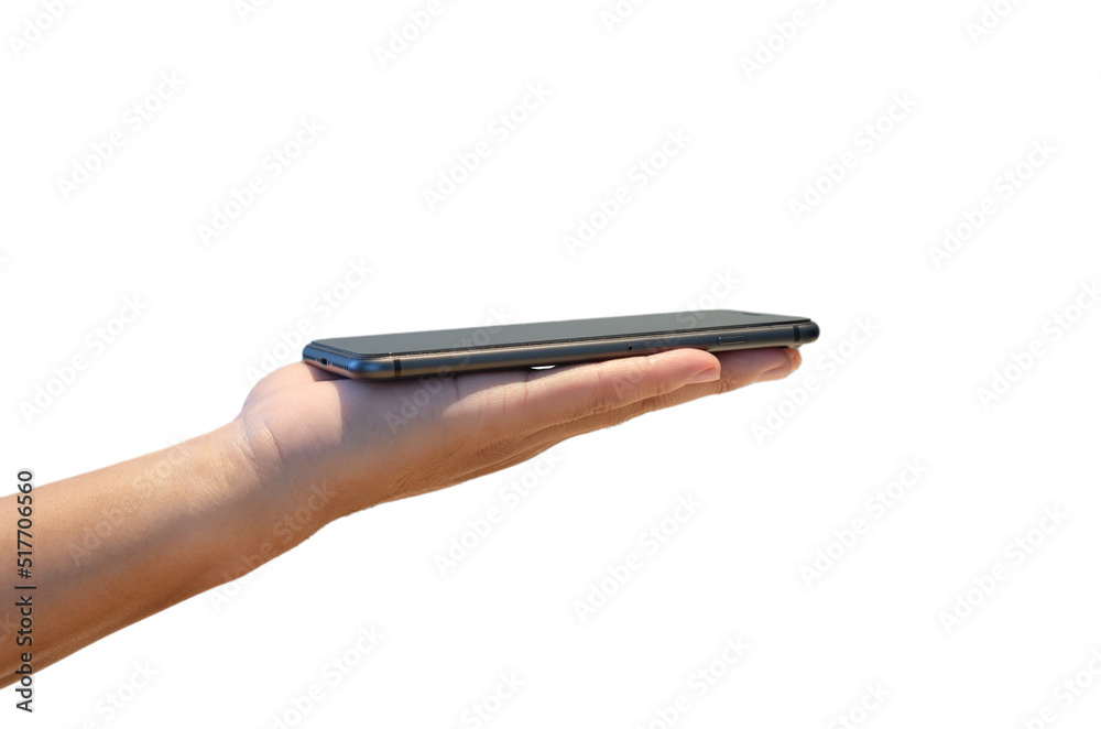 man holding mobile smartphone isolated on white background.business technology network application electronic. man holding mobile smartphone isolated on white background.business technology network application electronic.