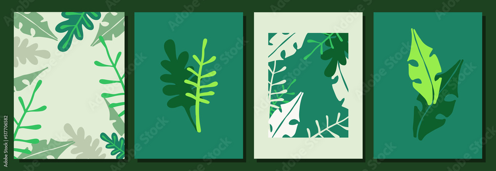 Leaf posters set in minimalist style, Biophilia concept. Abstract Botanical Wall Art, Contemporary art prints with abstract leaves. Templates for cover, branding, ads
