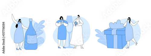 Wedding or Hen-party Set. Beautiful Bride Woman in White Dress with Bouquet and Bridesmaids Girl Friends with Gifts