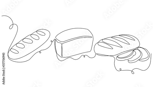 Bakery products in continuous line drawing style. Black line sketch on a white background. Vector illustration