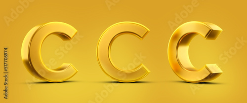 Letter C in 3d metal gold with shadow caster and yellow background photo