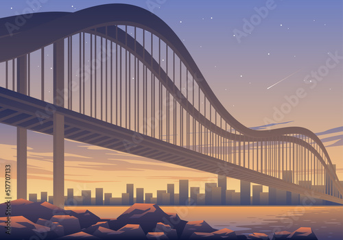 Beautiful Bridge At Sunset Landscape Illustration