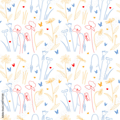 Wildflowers seamless pattern with abstract watercolor blots, doodle botanical vector illustration for textile