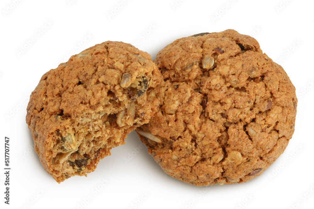 oatmeal cookies with flax, pumpkin and sunflower seeds isolated on white background with full depth of field. Top view. Flat lay