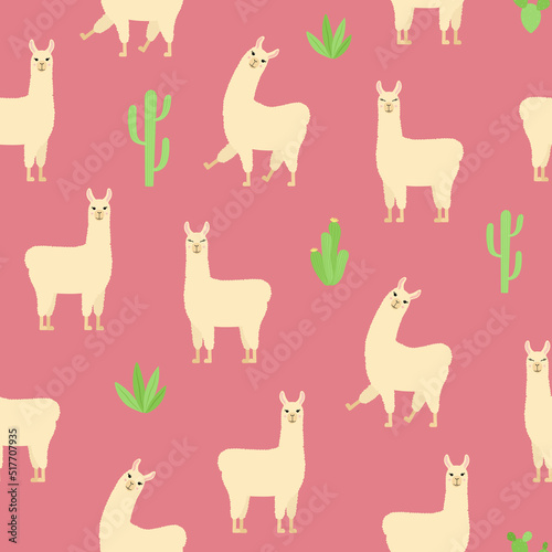 Cute llama seamless pattern. Cartoon alpaca and cactuses on pink background. 