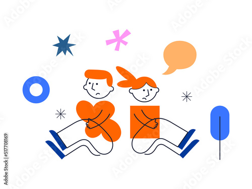 Sad man and woman sit back to back and no speak. Couple on the brink of divorce. Friends quarrel and misunderstand. Relationship break up and family crisis concept. Vector illustration