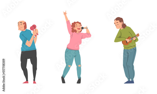 People musicians in casual clothes playing ukulele, shaking maracas and singing set cartoon vector illustration