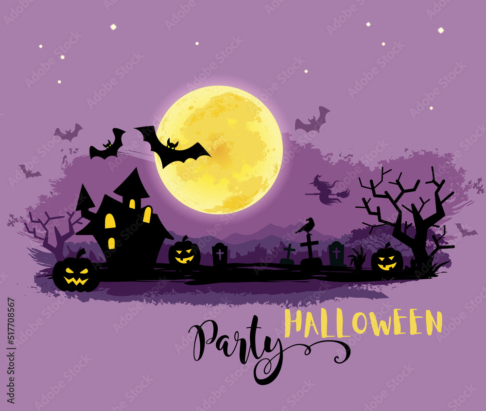 Halloween Party poster with a moon, haunted house, cemetery, pumpkins and a flying witch