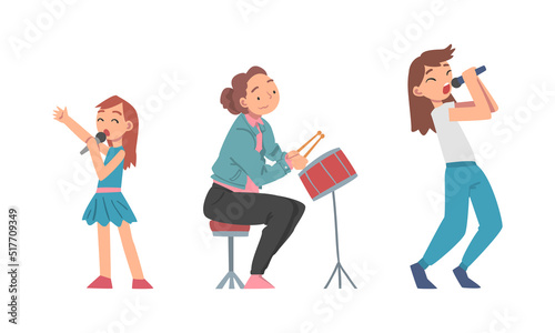 Girls playing drum and singing set cartoon vector illustration isolated on white background