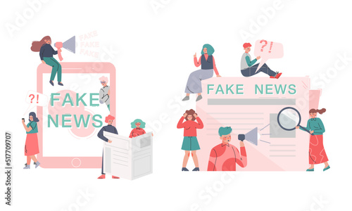 Fake news and propaganda in media. Tiny people reading newspaper and information from social networks cartoon vector illustration