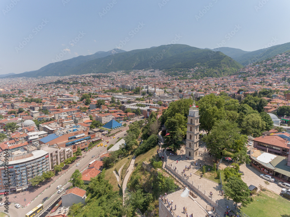 Aerial view of Tophane Clock Tower at Bursa, Turkey. The tower currently has a radio clock and is used as a fire lookout station