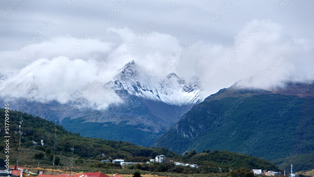 Snow covered peaks of the Martial Mountains along the Beagle Channel, in Ushuaia, Argentina Snow covered peaks of the Martial Mountains along the Beagle Channel, in Ushuaia, Argentina