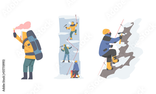Mountain climbers hiking in winter season set. Climbing and mountaineering sport cartoon vector illustration