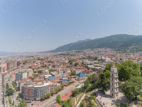 Aerial view of Tophane Clock Tower at Bursa, Turkey. The tower currently has a radio clock and is used as a fire lookout station