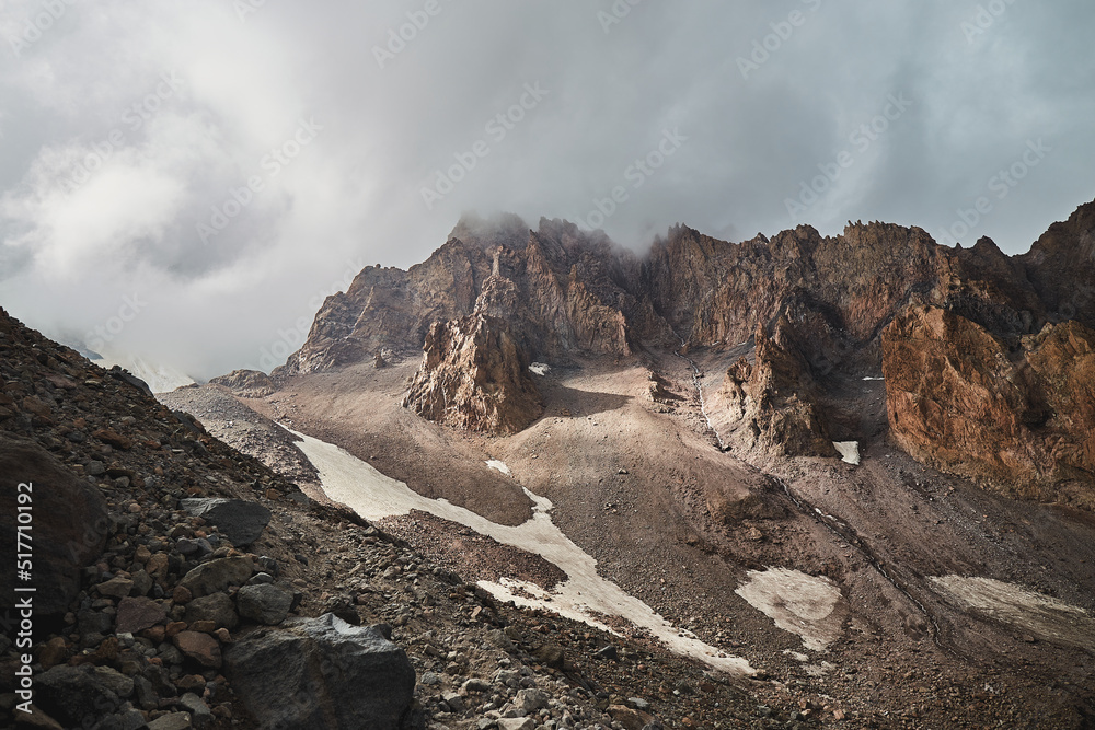 Caucasian mountains. Mt Kazbeg base camp. Meteostation in Kazbek, Georgia. Mount Kazbek alpinist expedition