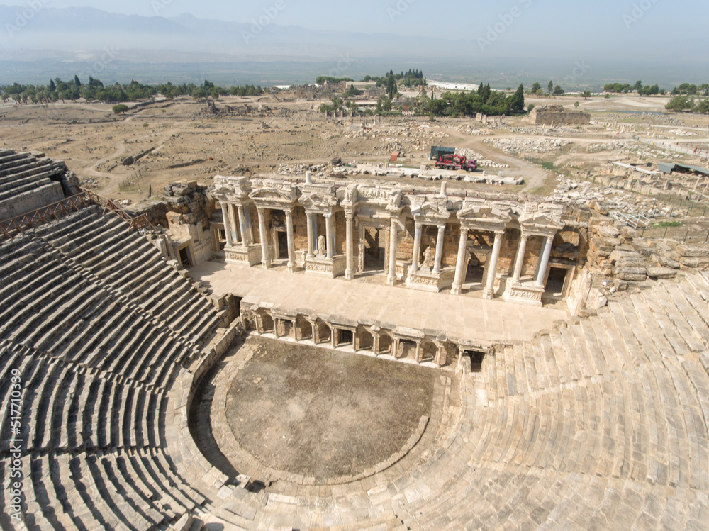 Aerial view of Ancient Hierapolis Theatre at Pamukkale, Turkey. 