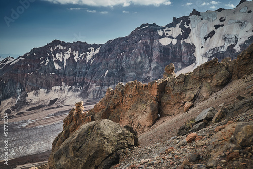 Caucasian mountains. Mt Kazbeg base camp. Meteostation in Kazbek, Georgia. Mount Kazbek alpinist expedition