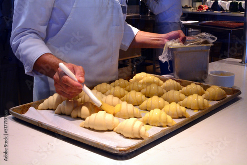 Tray of buttery hand made croissants before being baked in the oven