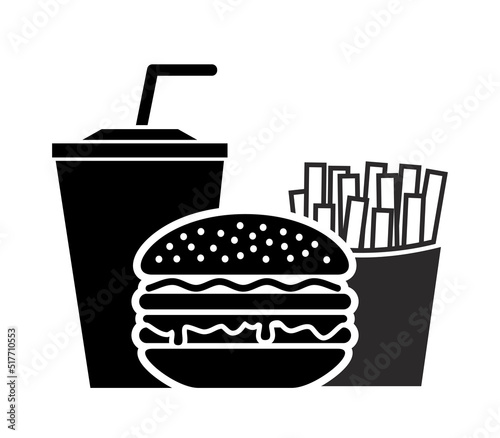 Fast food and drink icon. Burger, french fries bag and glass of drink. Vector on transparent background