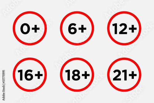 Set marks age limit sing restriction. Vector icons for children censoring content.
