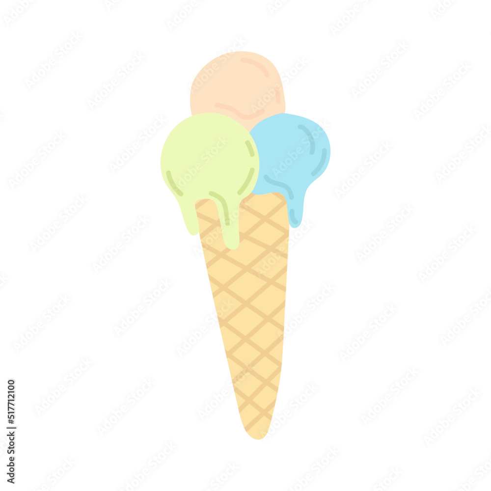 Ice cream balls in a waffle cone, painted in a doodle style. Summer collection. Flat vector illustration Ice cream balls in a waffle cone, painted in a doodle style. Summer collection. Flat vector illustration