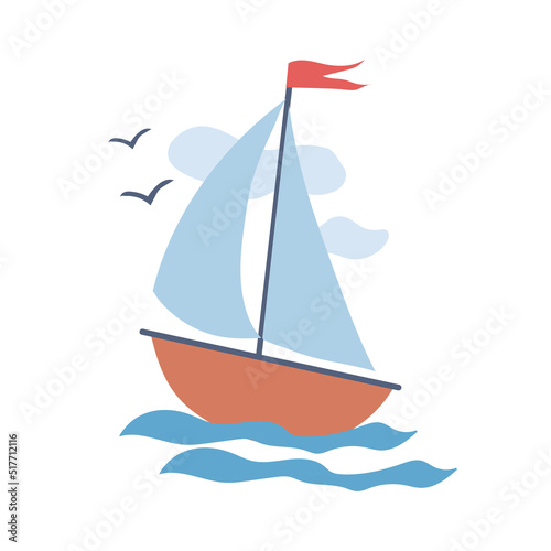 Sailing boat, painted in doodle style. Summer collection. Flat vector illustration