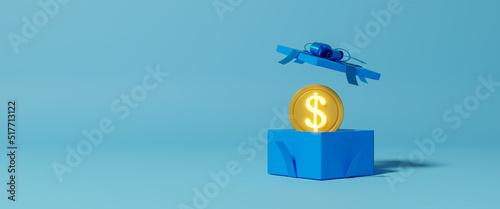 Slika na platnu Gift box with gold coins, business concept, cash bonus, open textured gift box w