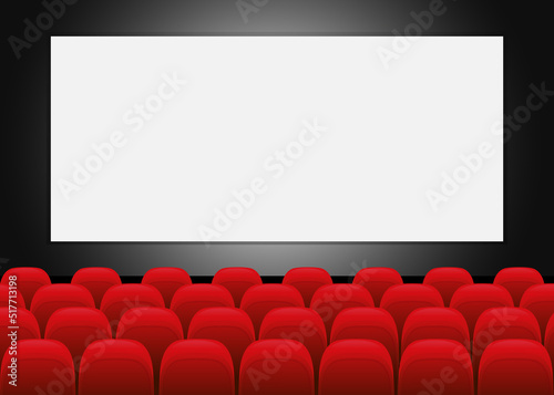 Cinema movie theater with blank screen and red seat. Movie screen in the cinema. Cinema concept. Vector stock