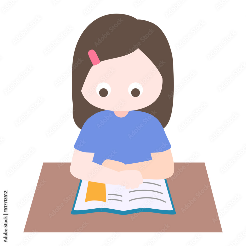 Cartoon cute little girl focus on reading book in classroom. Child back to school series. Isolated on white background, vector, illustration, EPS10