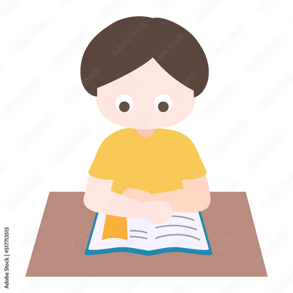 Cartoon cute little boy focus on reading book in classroom. Child back to school series. Isolated on white background, vector, illustration, EPS10