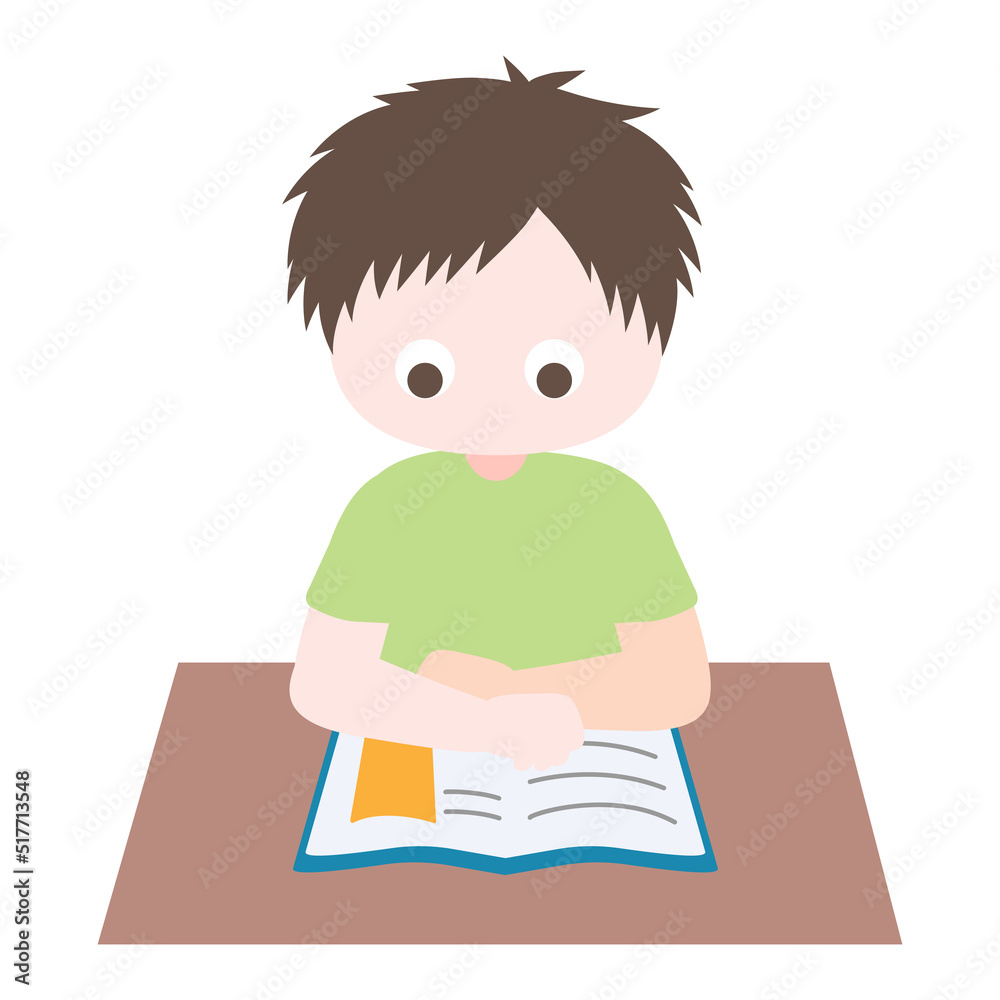 Cartoon cute little boy focus on reading book in classroom. Child back to school series. Isolated on white background, vector, illustration, EPS10