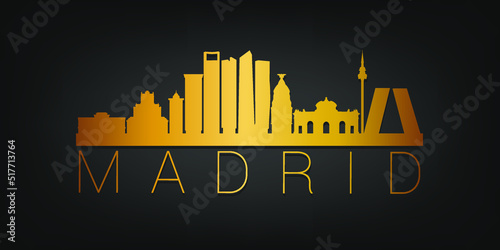 Madrid, Spain Gold Skyline City Silhouette Vector. Golden Design Luxury Style Icon Symbols. Travel and Tourism Famous Buildings.