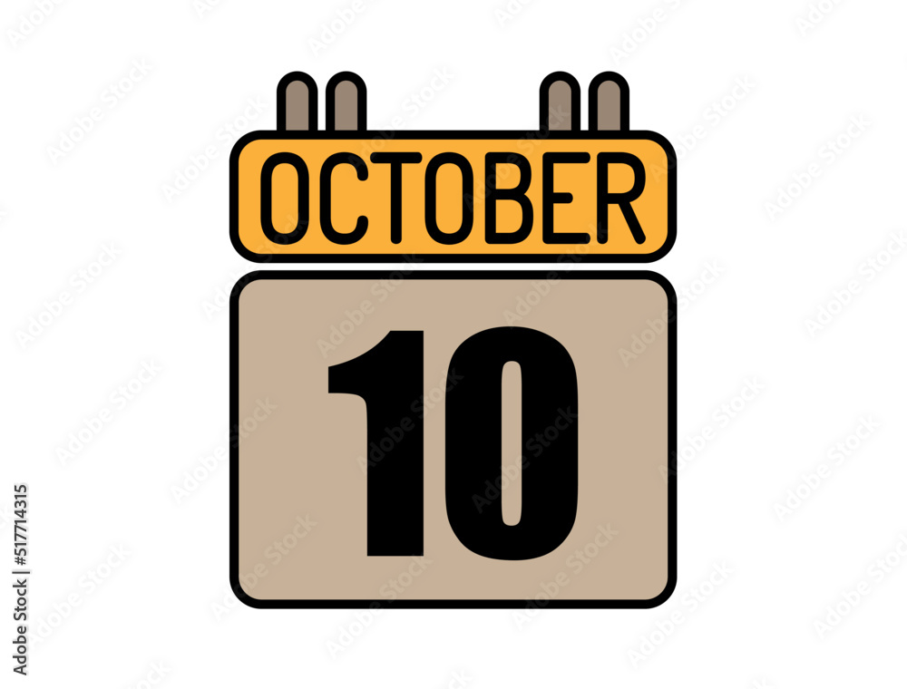 Day 10 October calendar icon. Calendar vector for October days isolated on white background.