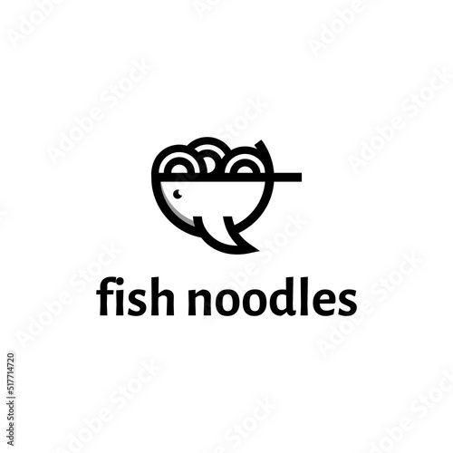Whale logo design forms a bowl and noodles inside. Simple and line style minimalist logo
